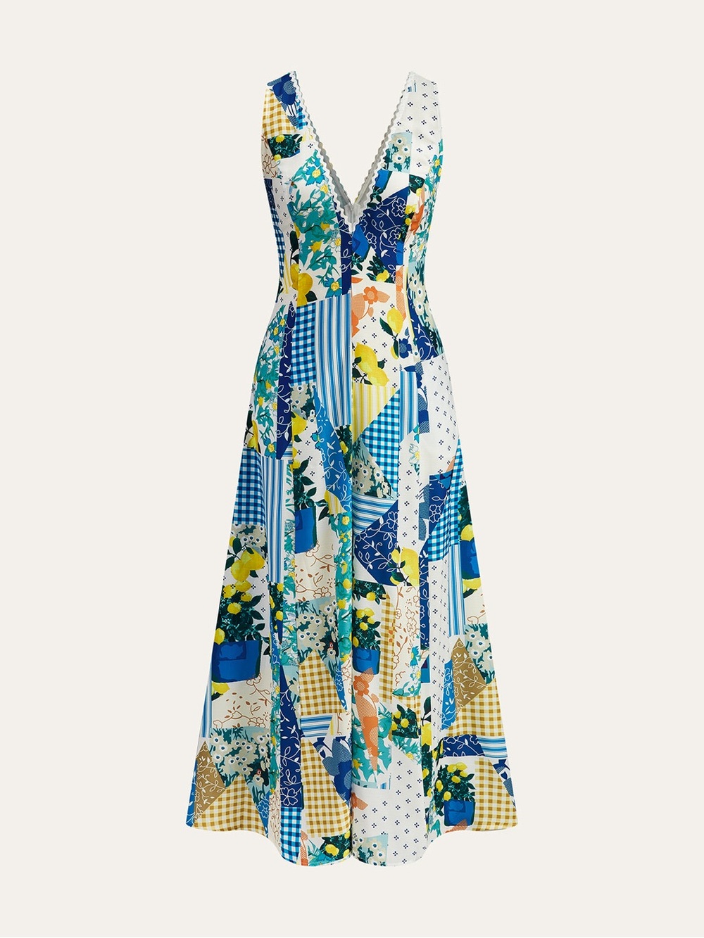 Commense Blue White Lemon Patchwork Floral Maxi Dress Lace Trim V Neck M - Picture 4 of 7